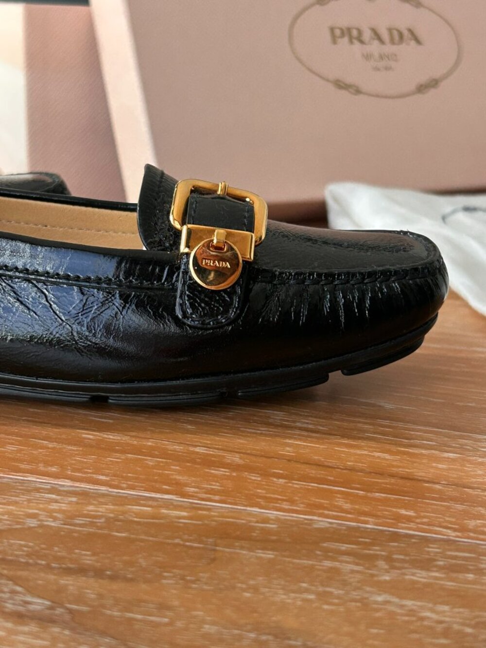 Prada Black Patent Leather Gold Buckle Loafers EU 36.5 - Picture 16 of 16